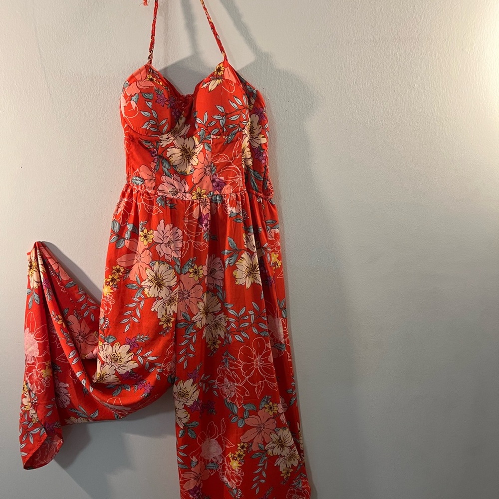 Vibrant Red/Orange Floral Halter Jumpsuit/Romper wide leg women’s size M